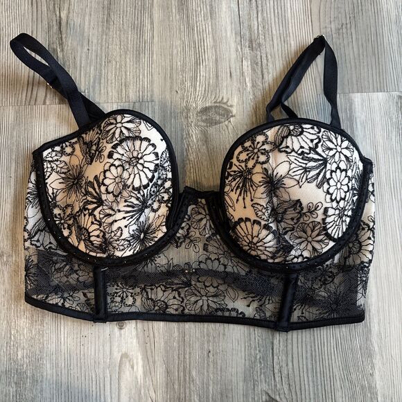 Victoria's Secret Embroidered Long Line Push-up Bustier Black Floral Lace 32DD - Picture 3 of 15